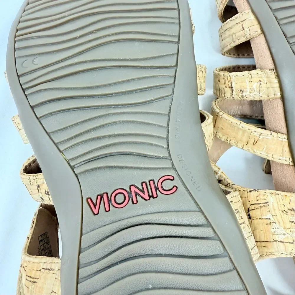 Vionic HARISSA Gold Cork Adjustable Strap Orthotic Gladiator Sandals